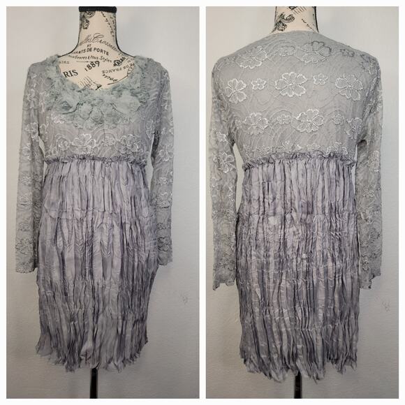 Pretty Angel Fairy Mini Dress Sz M Silk 3D Floral Crinkle Artsy Whimsycal Gray - Picture 1 of 10